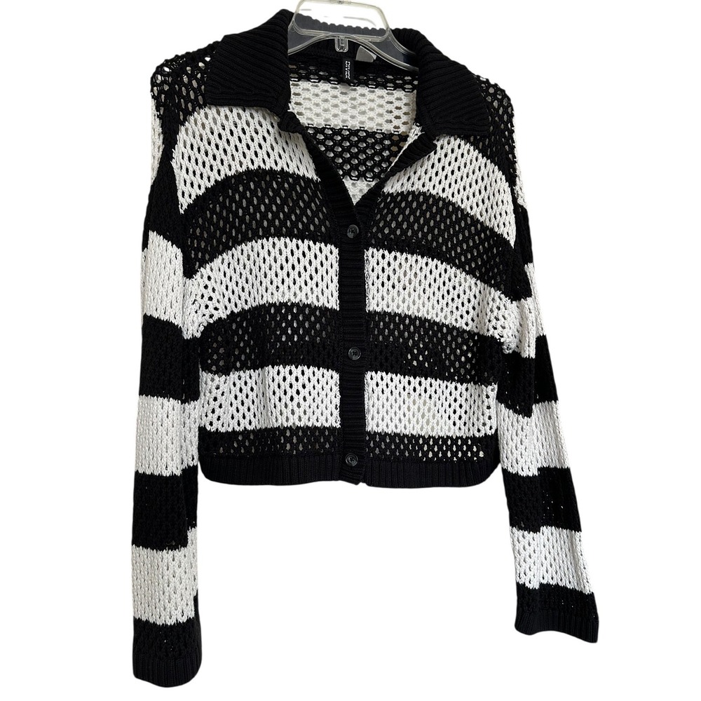 H&M Divided Black White Rugby Striped‎ Open Knit Crochet Cropped Cardigan Sz M